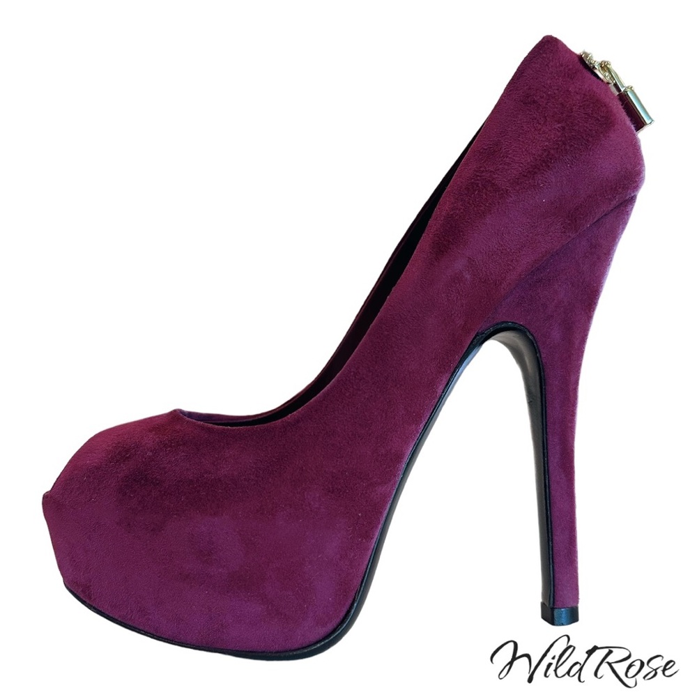 LOUIS VUITTON BURGUNDY SUEDE “OH REALLY” PEEP TOE LV PADLOCK GOLD HEEL PUMPS 36
